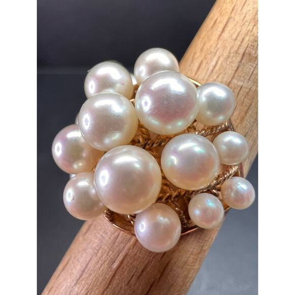 Vintage 14K Gold Cluster Pearl Cocktail Ring – Mid Century Dome Design- size 6 - Picture 5 of 16
